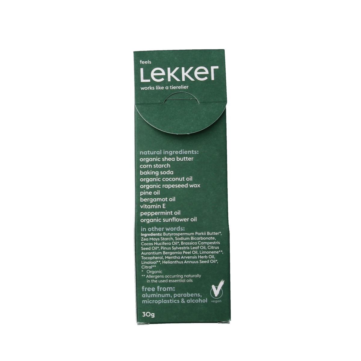 Lekker Company woodland deodorant stick, 30g, with natural botanical scent and packaging showing the product in a sleek container.