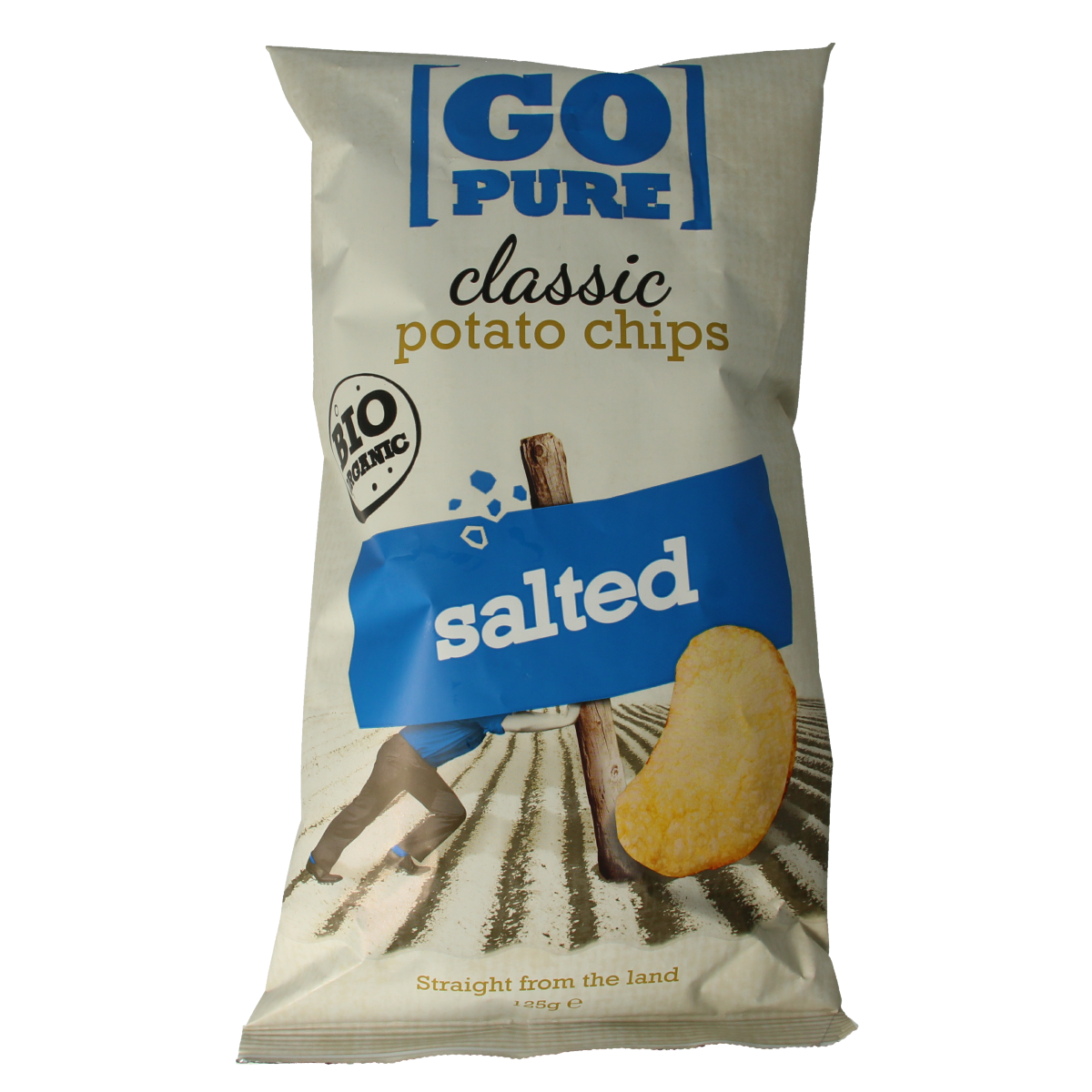 Go Pure Chips naturel gezouten bio in 125g bag, crispy snack with sea salt, made from organic ingredients.