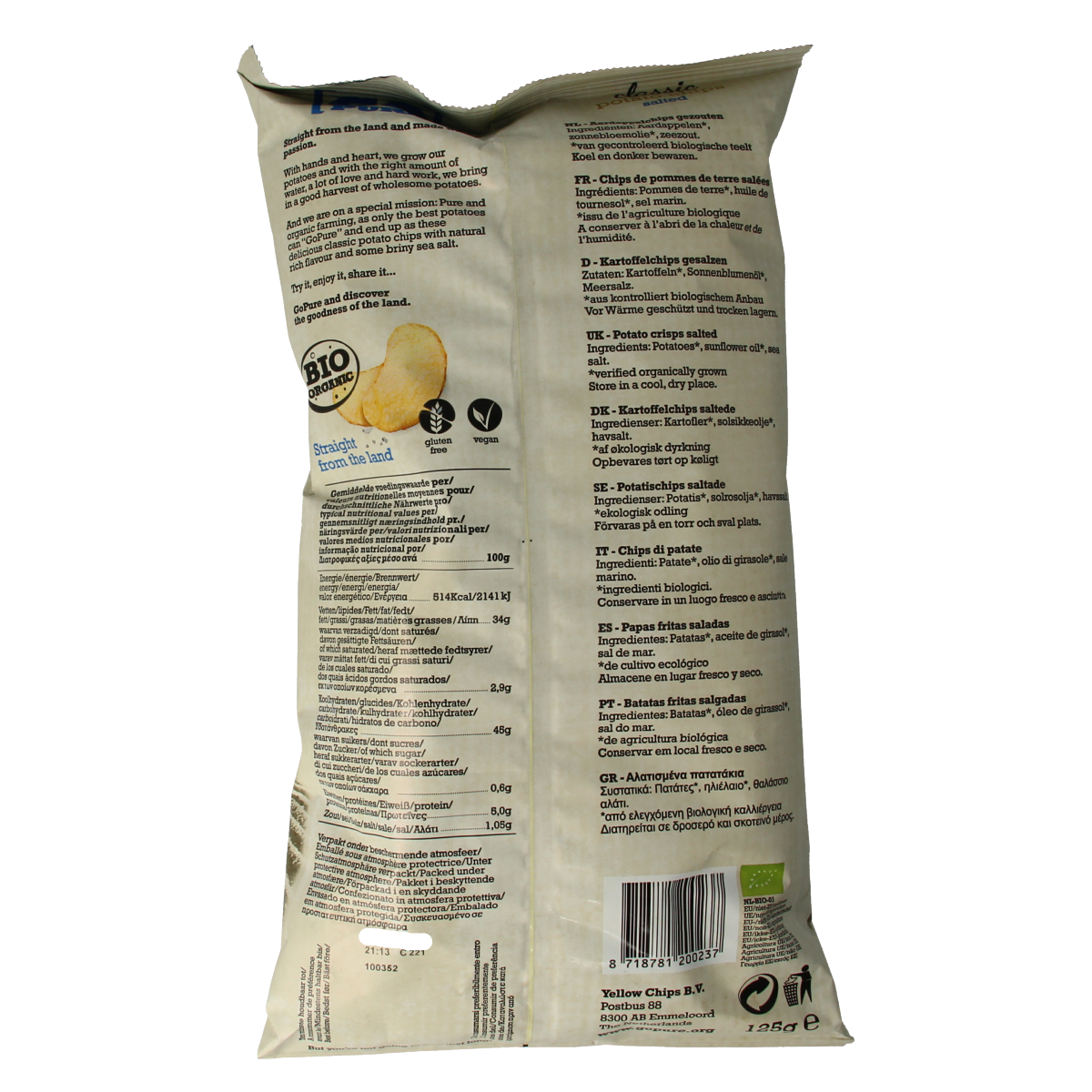 Go Pure natural salted organic chips in 125g bag, crispy snack with salted flavor, made from organic ingredients.