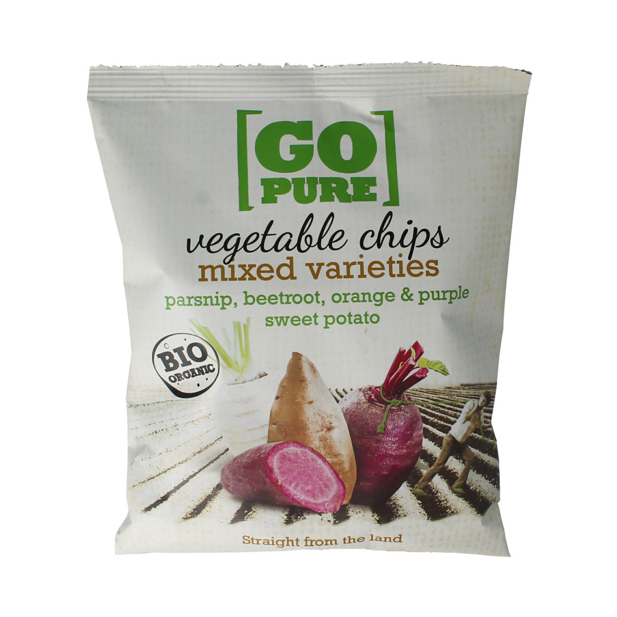 Organic Go Pure Chips with vegetables, 90g, in a resealable package, showing colorful chips and natural ingredients.