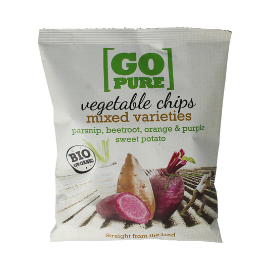 Organic Go Pure Chips with vegetables, 90g, in a resealable package, showing colorful chips and natural ingredients.