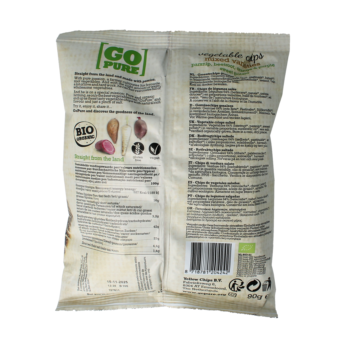 Go Pure organic vegetable chips package showing the 90g bag of healthy chips and salt in natural packaging.