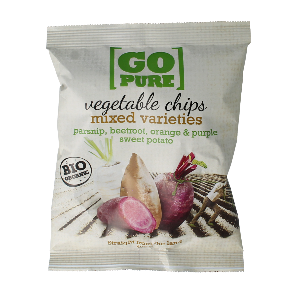 Organic Go Pure Chips groente snack, 40g, featuring colorful vegetable chips in a clear bag