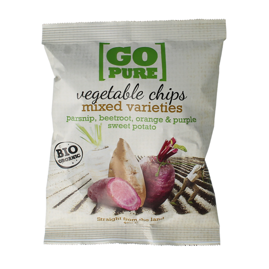 Organic Go Pure Chips groente snack, 40g, featuring colorful vegetable chips in a clear bag