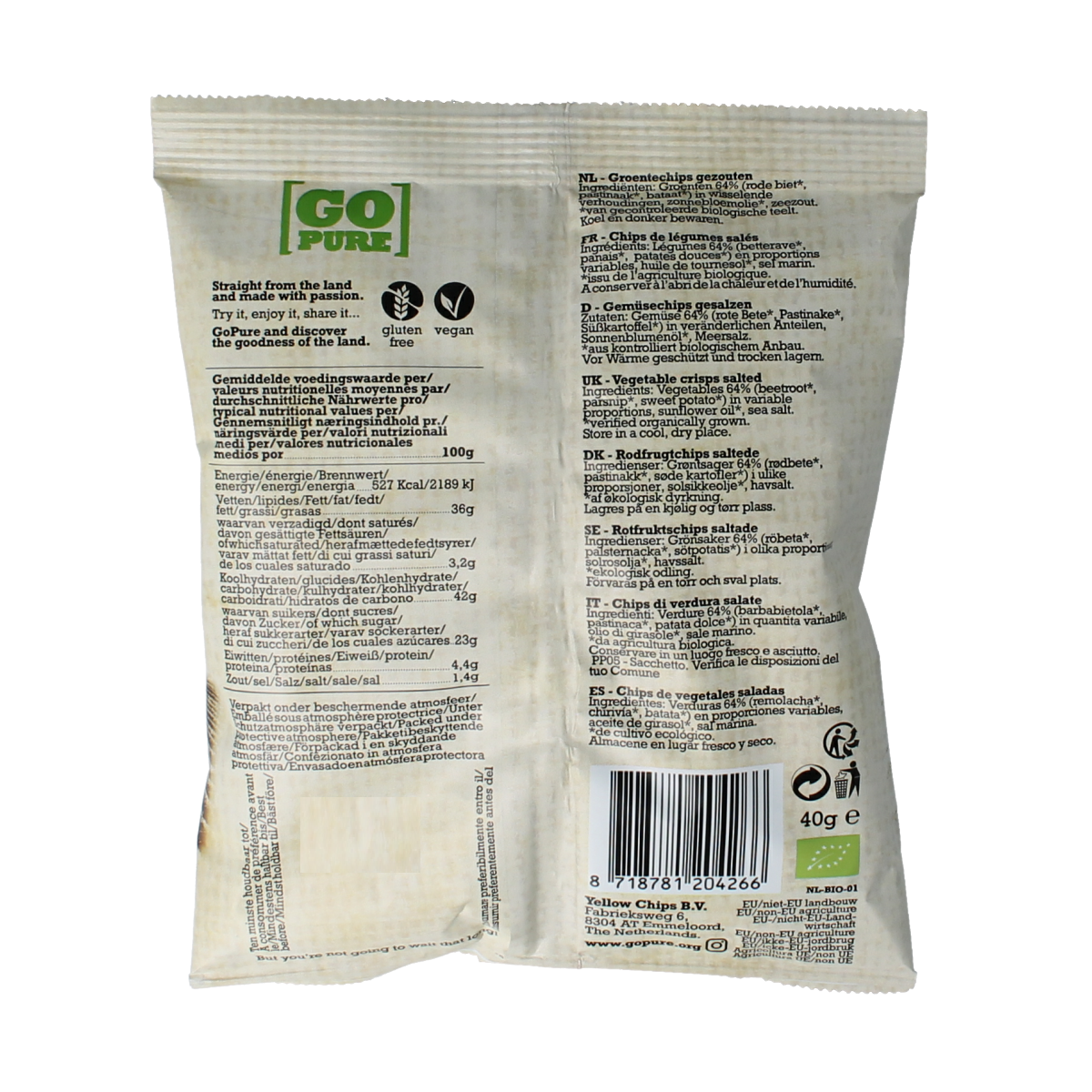 Go Pure bio vegetable chips in 40g bag, crispy natural snack with fresh vegetable flavors, from Go Pure Chips en Zoutjes.