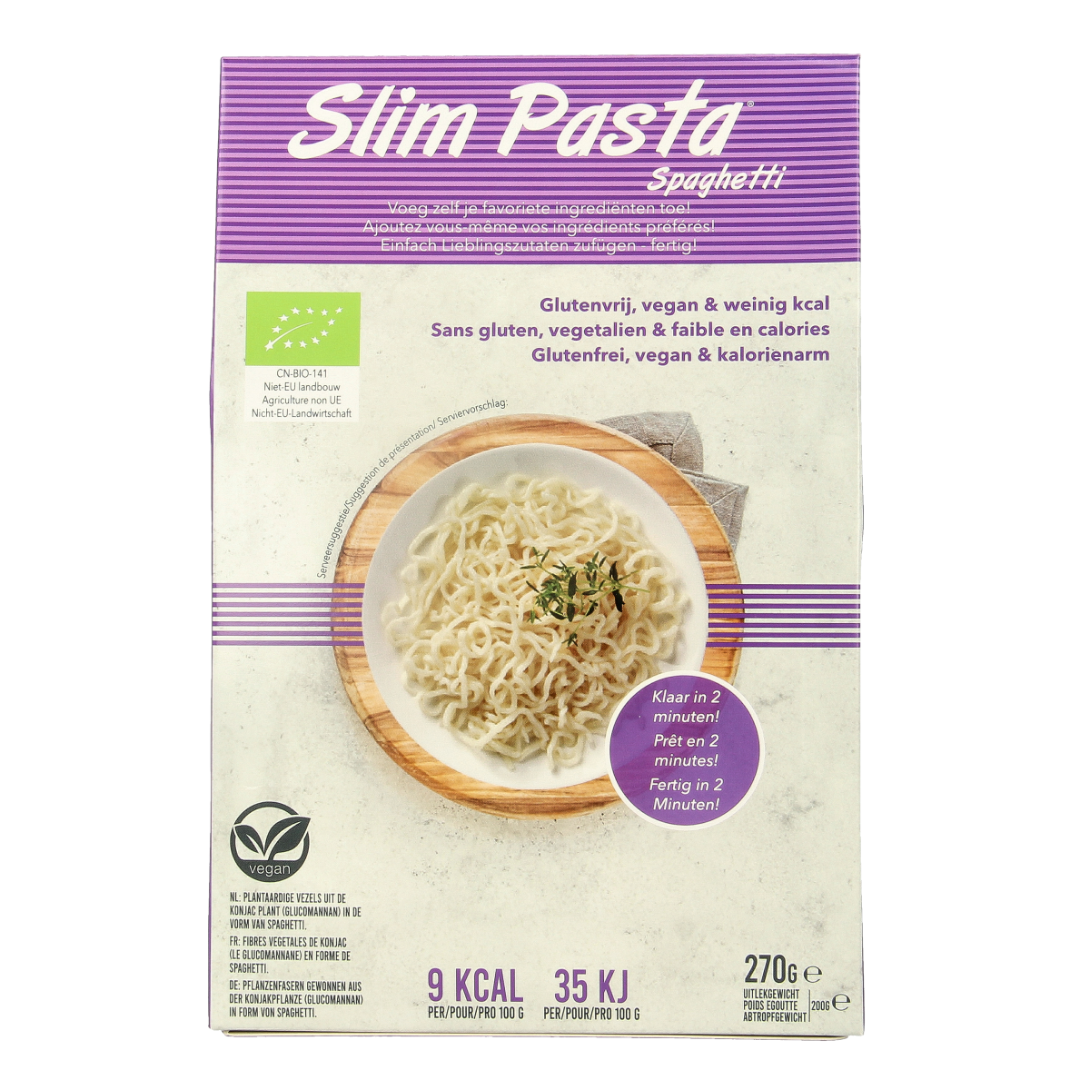 Organic Slim pasta spaghetti rice-based in 270g package, showcasing the slim, elongated rice pasta strands.