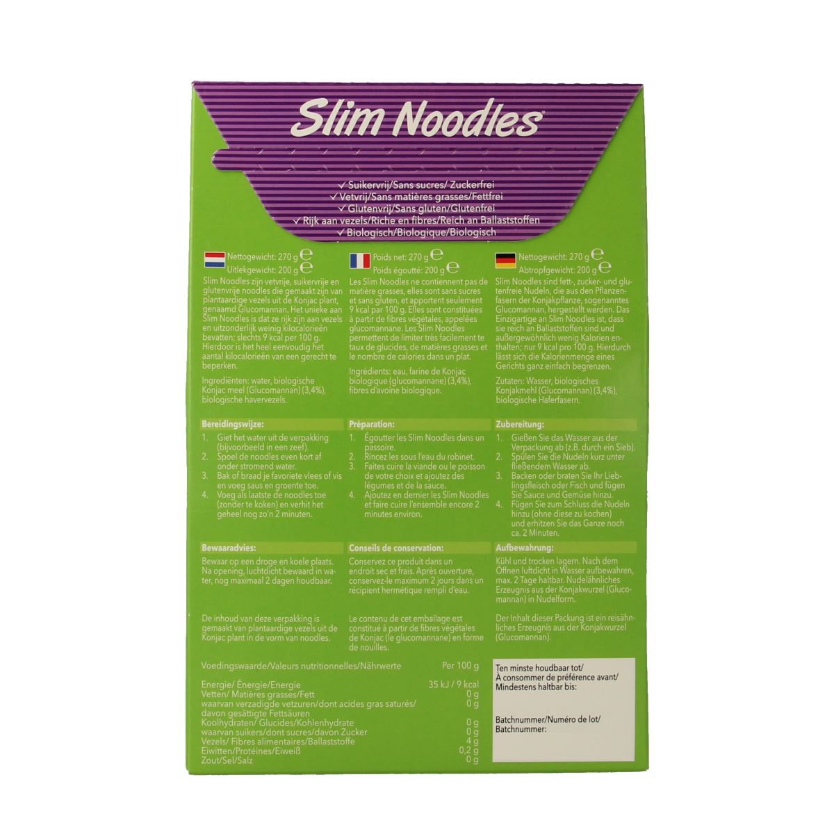 Organic Slim Slim rice pasta noodles in a 270g package, showcasing the thin, elongated pasta strands from the brand Slim.