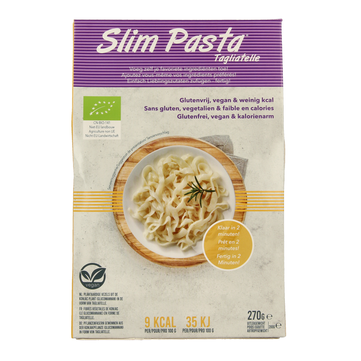 Slim Pasta tagliatelle bio rice pasta 270g, uncooked, showcasing thin, natural rice pasta strands on a white background.