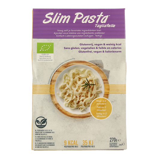 Slim Pasta tagliatelle bio rice pasta 270g, uncooked, showcasing thin, natural rice pasta strands on a white background.