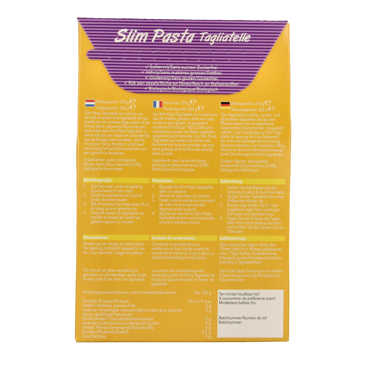 Bio Slim pasta tagliatelle rice pasta 270g, showing fresh, uncooked rice-based tagliatelle strands on a white background.