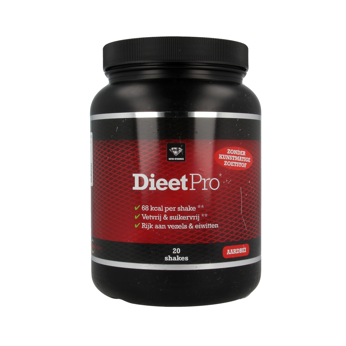 Dieet Pro Stevia aardbei herbal supplement 400g, natural stevia product with strawberry flavor, in a clear jar.