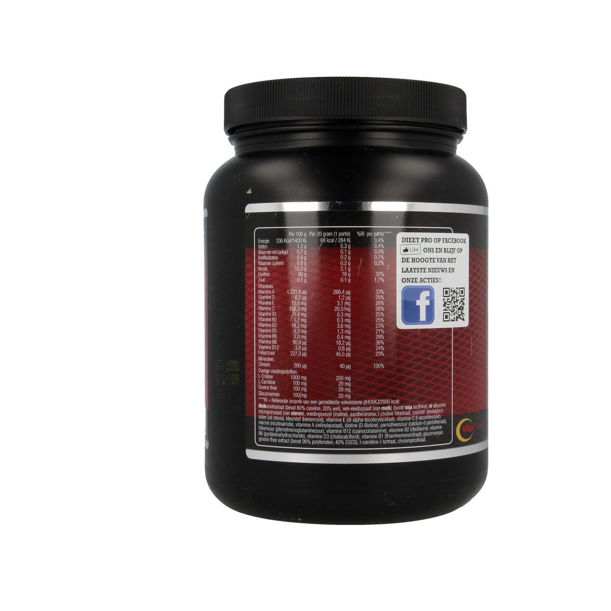 Pack of Dieet Pro Stevia aardbei herbal supplement in a 400g container, featuring strawberry flavor and natural ingredients.