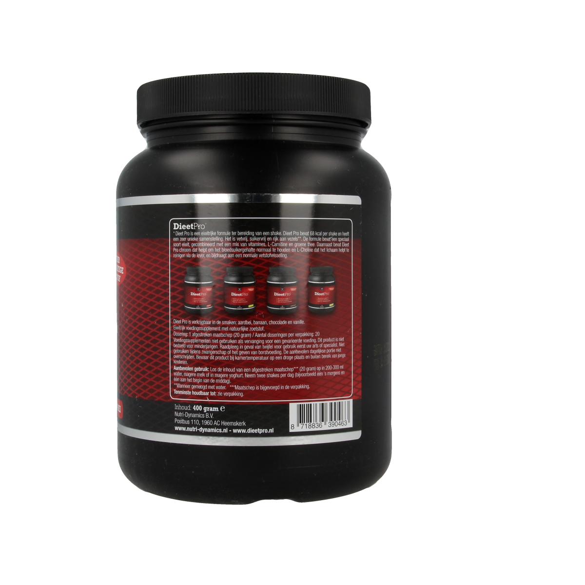 Dieet Pro Stevia aardbei herbal supplement in 400g container, natural sweetener with strawberry flavor, in a jar with label.
