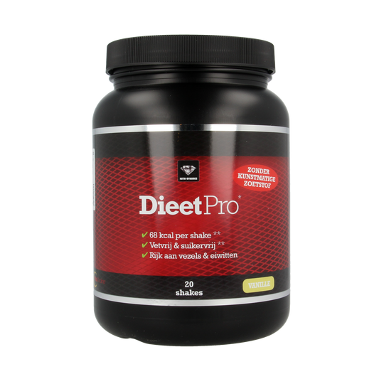 Dieet Pro Stevia vanille kruidenpreparaat in 400g container, white powder with vanilla flavor, for natural sweetening.