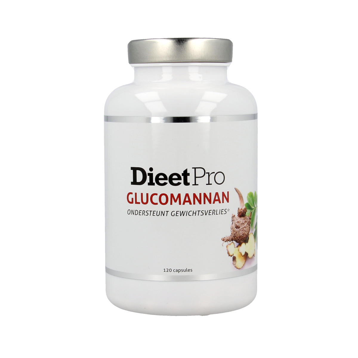 Dieet Pro Glucomannan capsules, herbal supplement in a white bottle, with 120 capsules, for dietary support and digestion.