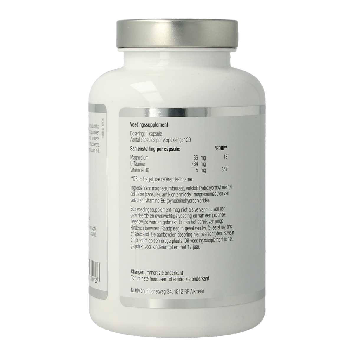 Nutrivian Magnesium Taurate B6 supplement bottle with 120 capsules, showing the product label and capsules inside.