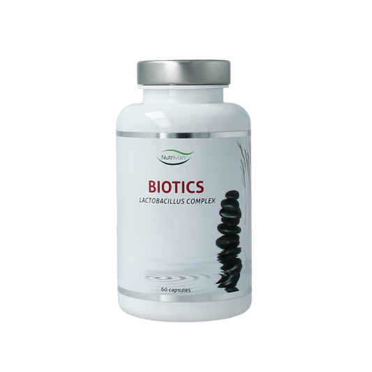 Nutrivian Biotics micro-organisms capsules in a bottle, dietary supplement for gut health, by Nutrivian.