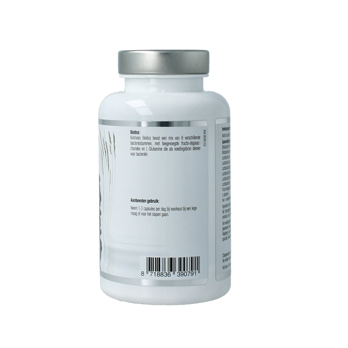 Nutrivian Biotics micro-organism capsules in a bottle, dietary supplement for gut health, labeled Nutrivian on the packaging.