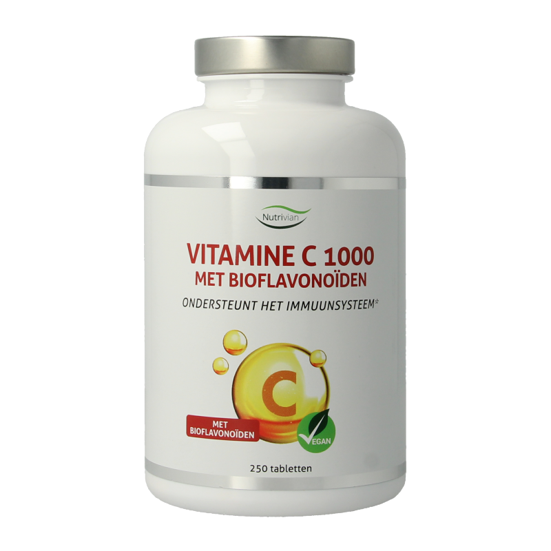 Nutrivian Vitamin C 1000mg supplement in a bottle of 250 tablets, natural vitamin complex for immune support.