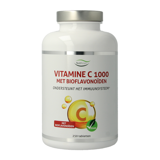 Nutrivian Vitamin C 1000mg supplement in a bottle of 250 tablets, natural vitamin complex for immune support.
