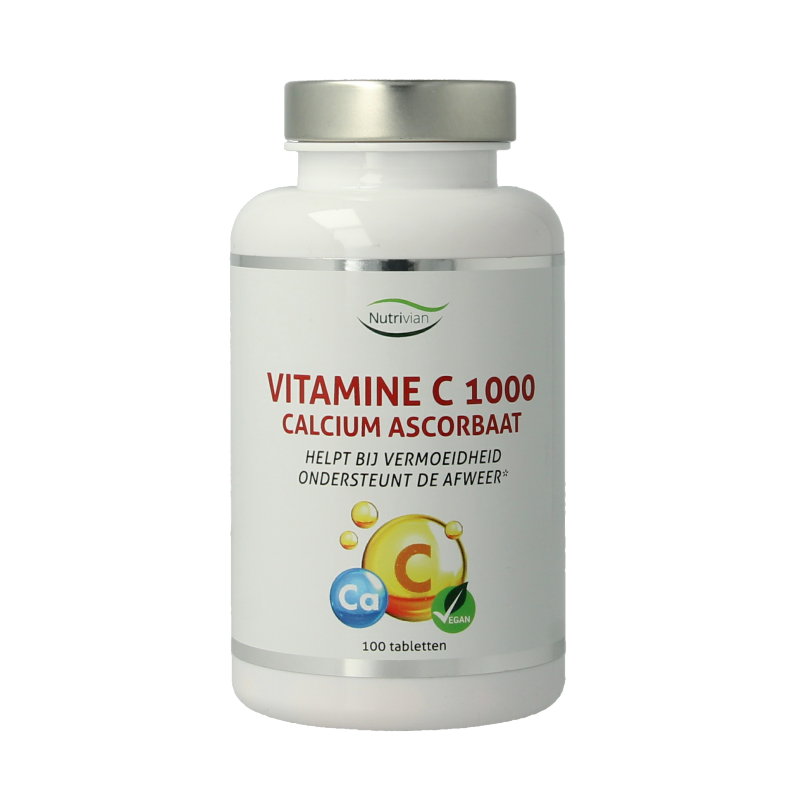Nutrivian Vitamin C 1000mg calcium ascorbate supplement in a box of 100 tablets, showing the tablet packaging and label.