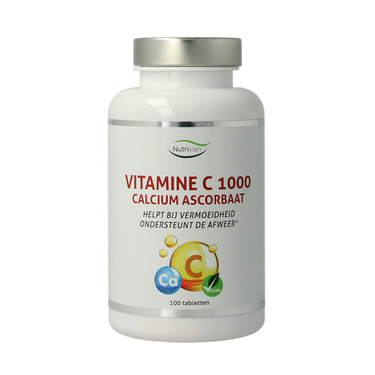 Nutrivian Vitamin C 1000mg calcium ascorbate supplement in a box of 100 tablets, showing the tablet packaging and label.