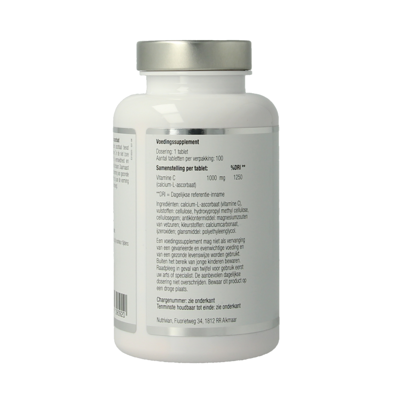 Nutrivian Vitamin C 1000 mg calcium ascorbate dietary supplement in a bottle with 100 tablets, natural orange flavor