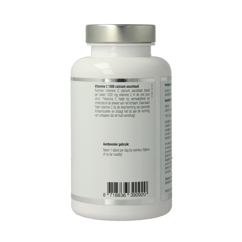 Nutrivian Vitamin C 1000 mg calcium ascorbate supplement in a bottle of 100 tablets, showing the product label and tablets