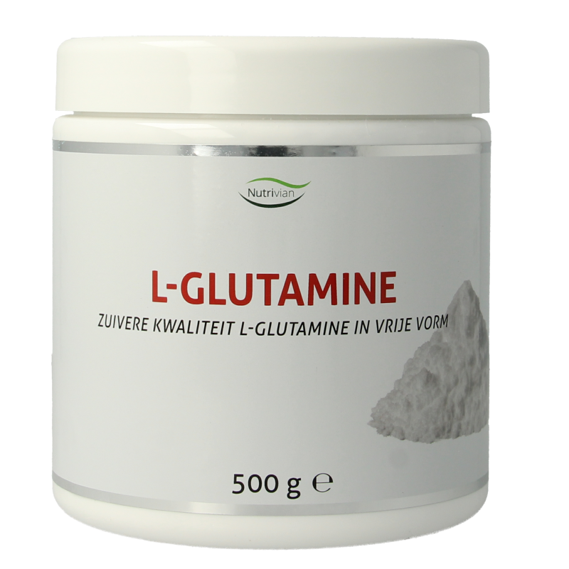 Nutrivian L-Glutamine amino acids supplement container with 500 grams of powder for muscle recovery and immune support.