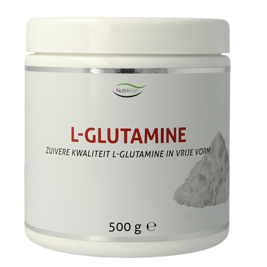 Nutrivian L-Glutamine amino acids supplement container with 500 grams of powder for muscle recovery and immune support.