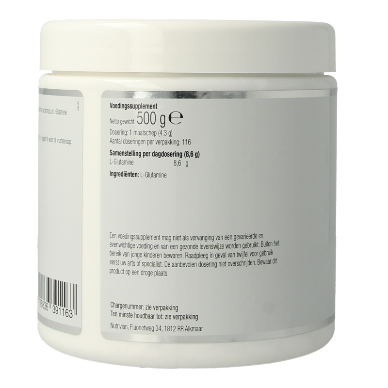 Nutrivian L-Glutamine amino acid supplement in 500g container, showing the product packaging and label.