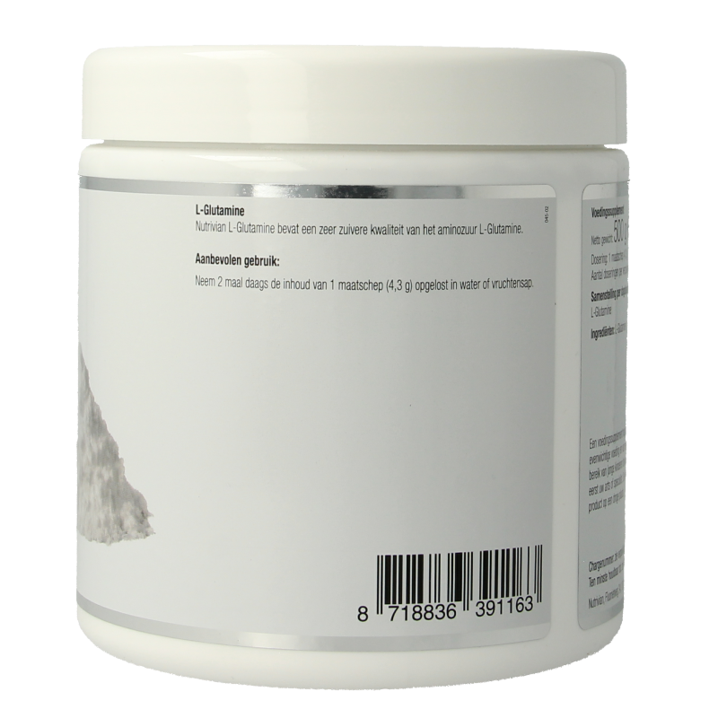 Nutrivian L-Glutamine amino acids supplement container, 500 grams, with label showing product details and branding.