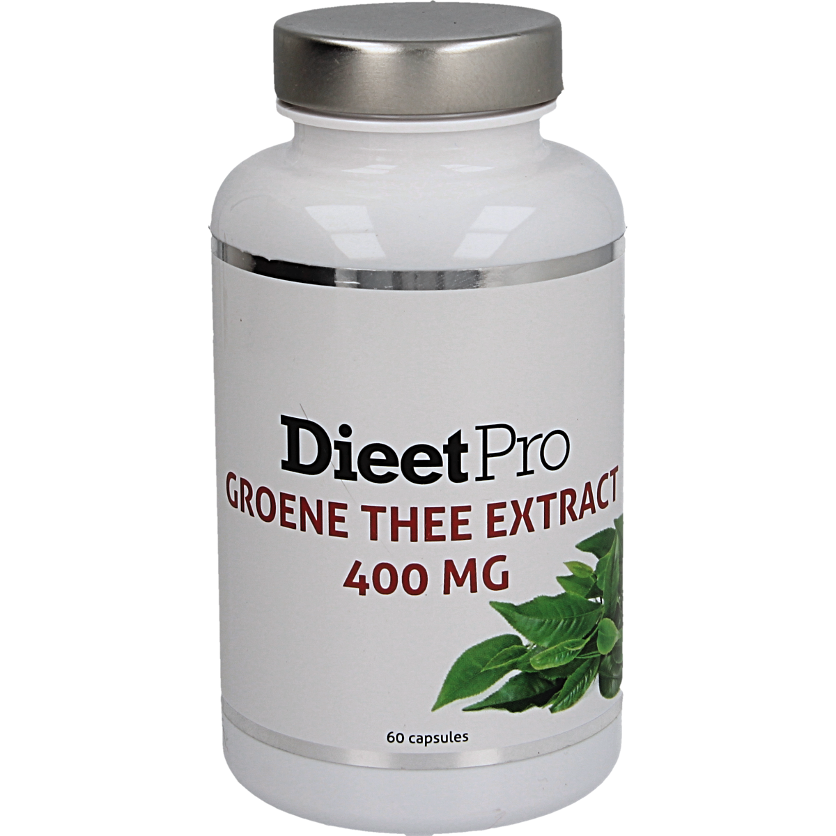 Dieet Pro groene thee capsules, 60 capsules, herbal supplement in a clear bottle with green label, for health and wellness.