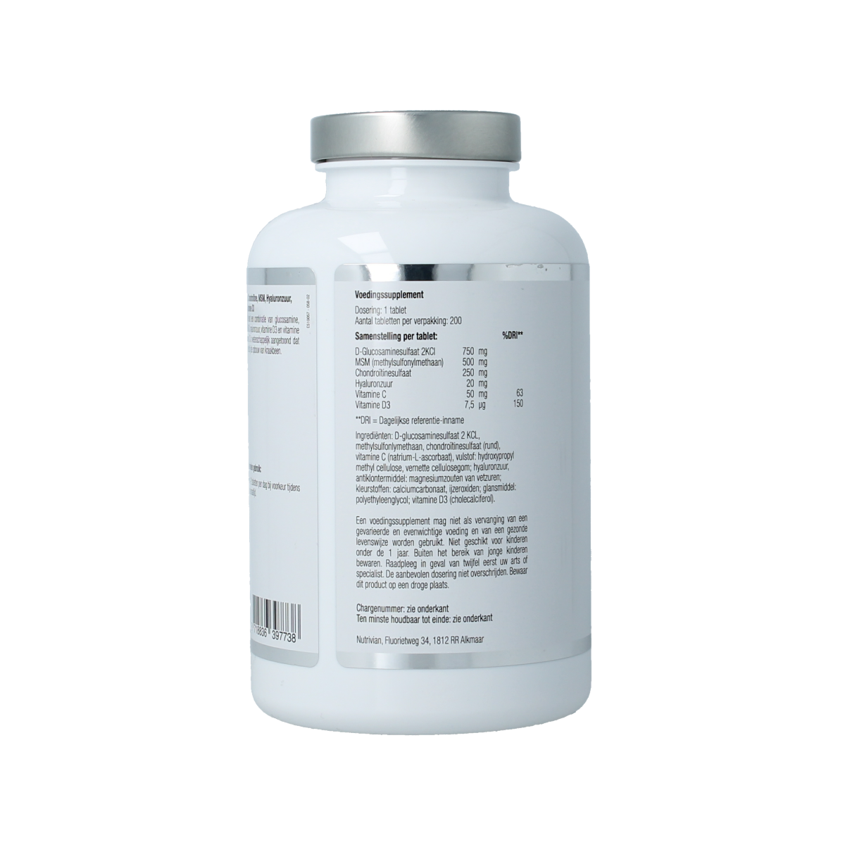 Nutrivian Glucosamine Chondroitin 200 tablets, mineral supplement bottle with white label and blue caps, designed for joint health.