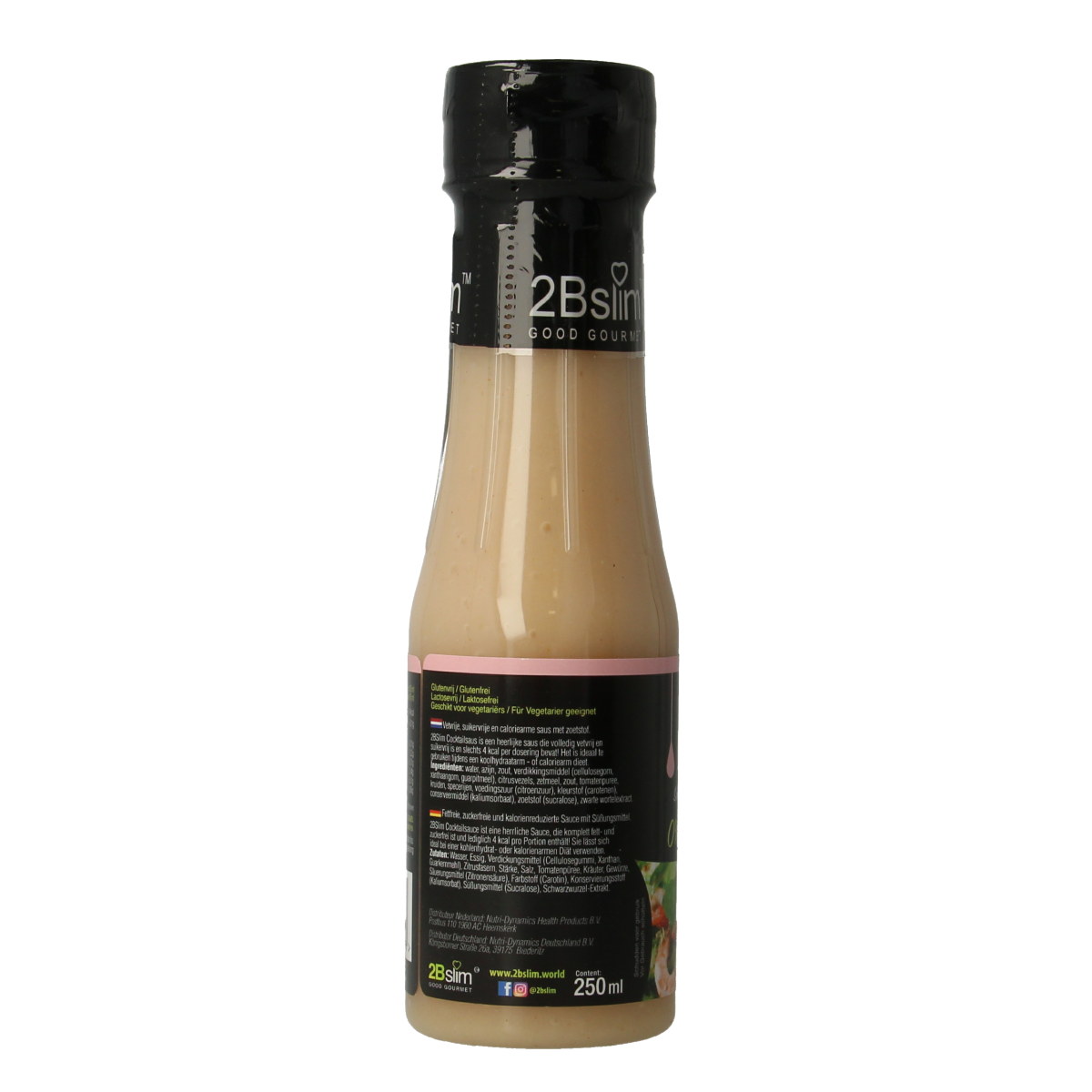 2bslim cocktailsaus 250ml bottle, a flavorful sauce in a clear plastic container with a red cap, perfect for cocktails and snacks.
