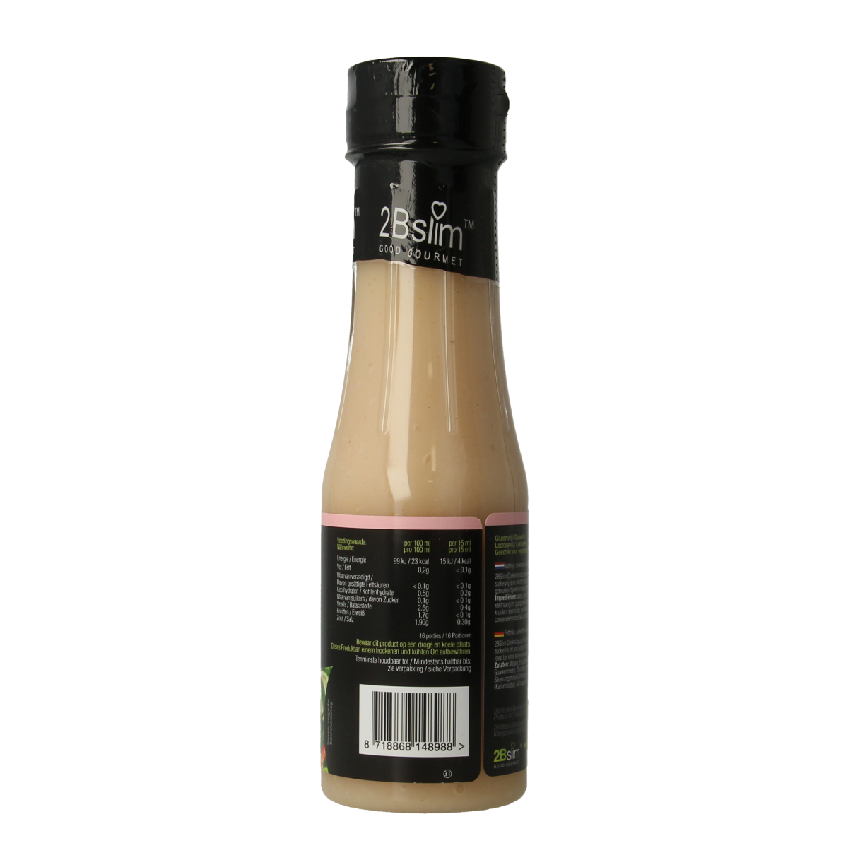2bslim Cocktailsaus 250ml bottle with label showing sauce details, used for adding flavor to cocktails and dishes.