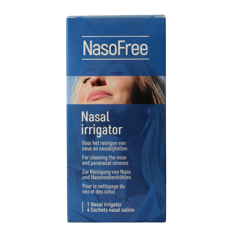 Nasofree Neusdouche for nasal care and inhalation, showing the device with nozzle and packaging for nasal hygiene.