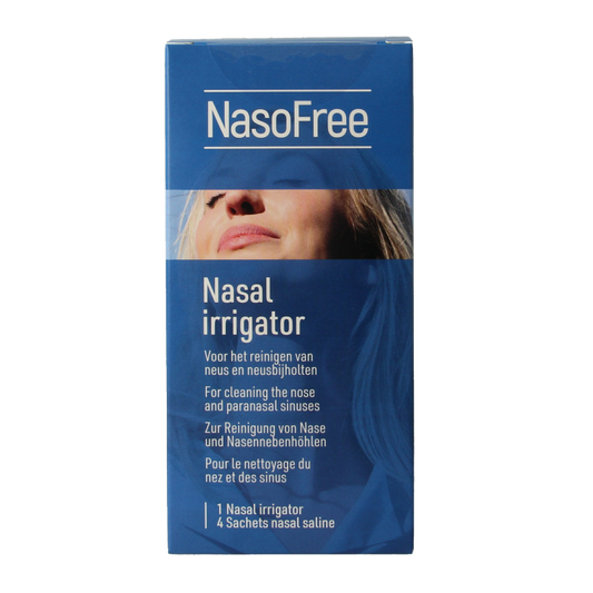 Nasofree Neusdouche for nasal care and inhalation, showing the device with nozzle and packaging for nasal hygiene.