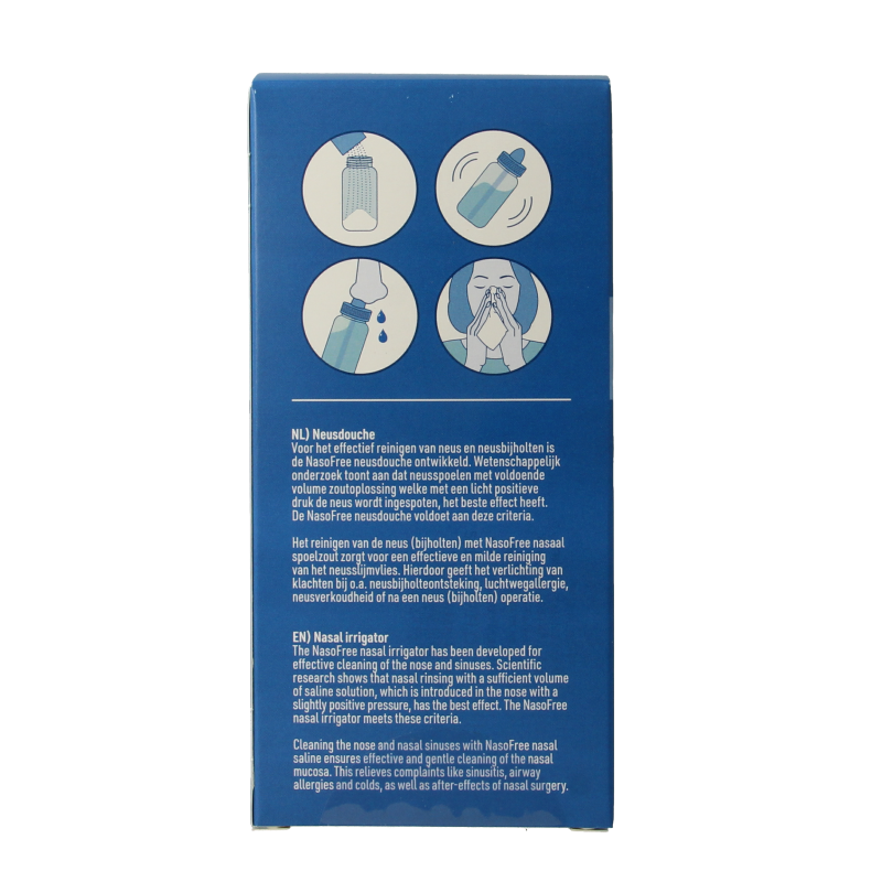 Nasofree neusdouche for nasal care and inhalation, shown in packaging with nozzle for nasal cleansing.