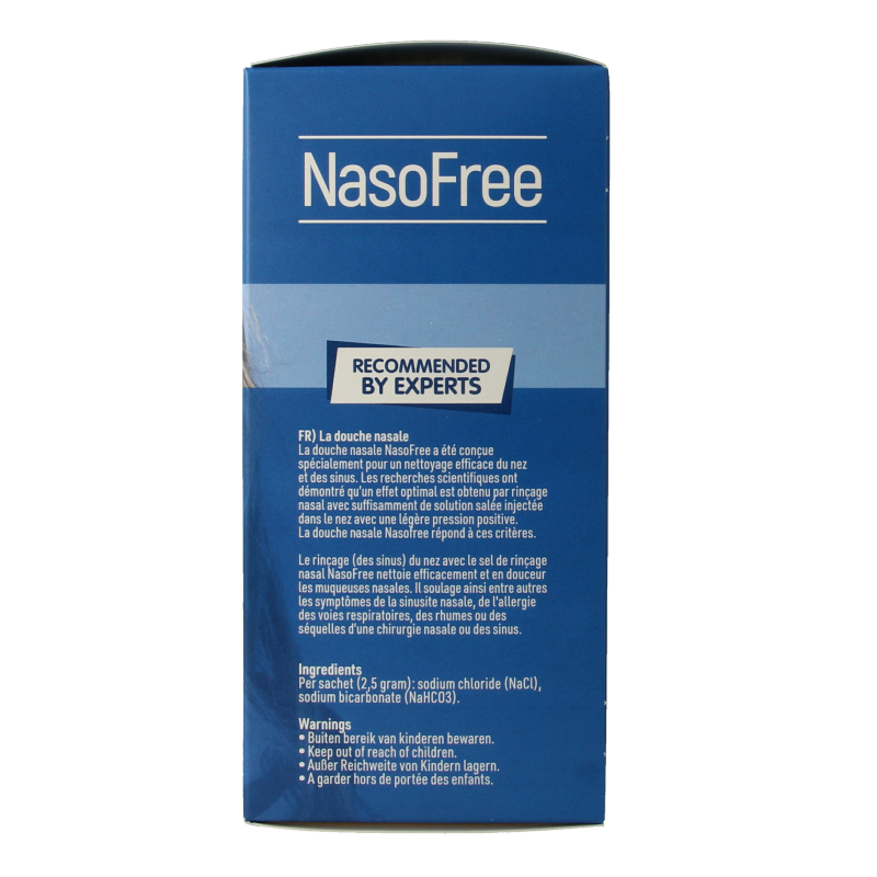 Nasofree Neusdouche for nasal cleansing and inhalation, shown in white device with nozzle for nasal hygiene.