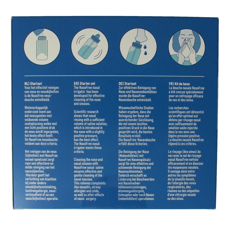 Nasofree Startset 1 set for nasal care and inhalation, includes nasal spray and inhaler device, in packaging with branding details.