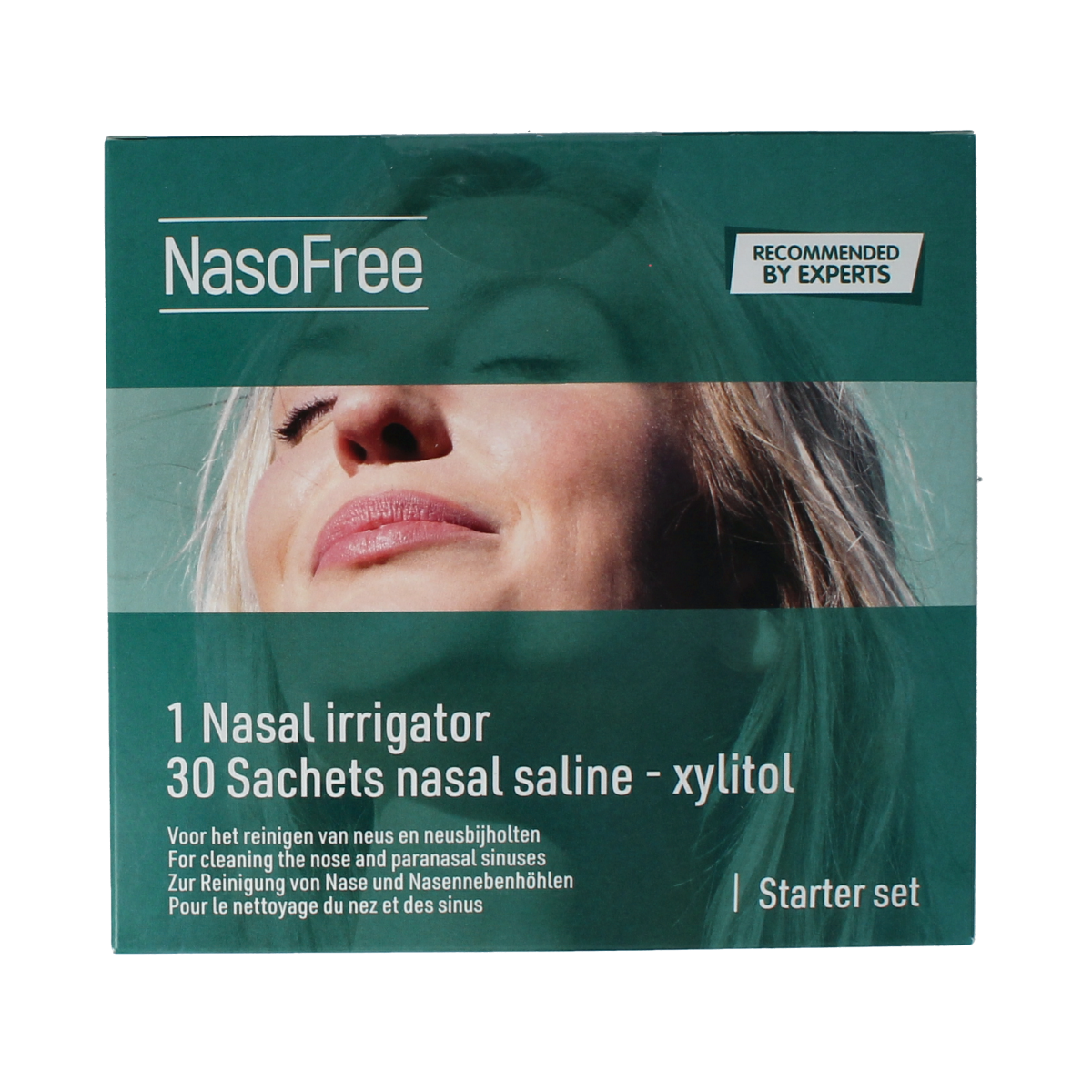 Nasofree Startset xylitol nasal care and inhalation set, includes nasal spray and inhaler for congestion relief.