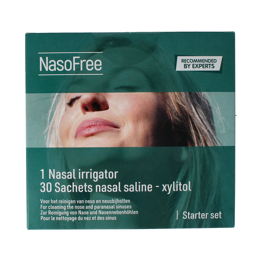 Nasofree Startset xylitol nasal care and inhalation set, includes nasal spray and inhaler for congestion relief.