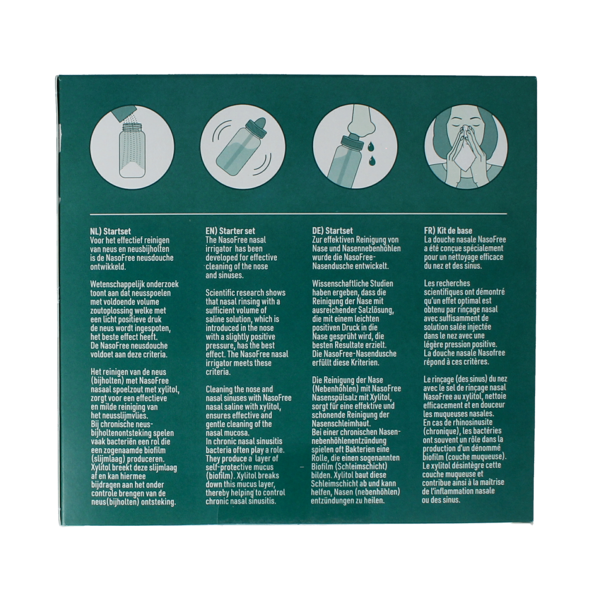 Nasofree Startset xylitol nasal care and inhalation set, includes nasal spray bottles for soothing nasal hygiene and inhalation therapy.
