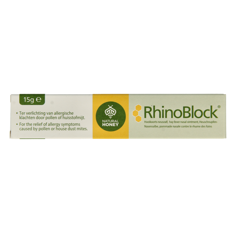 Rhinoblock Neuszalf 15 gram for nasal care and inhalation, featuring the tube of nasal ointment from Rhinoblock.