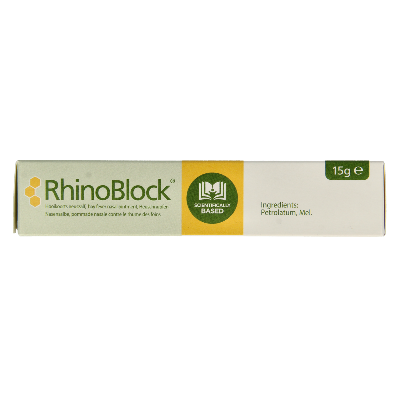 Rhinoblock Neuszalf 15 gram, nasal ointment for nasal care and inhalation, with tube and packaging visible in the image.