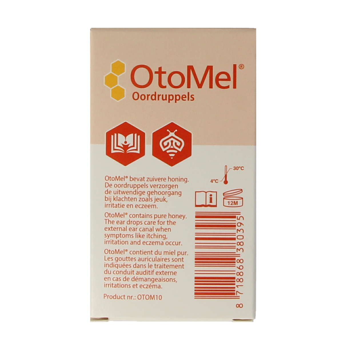 Otomel Oordruppels 10ml bottle for ear care, with dropper cap, designed for ear hygiene and relief.