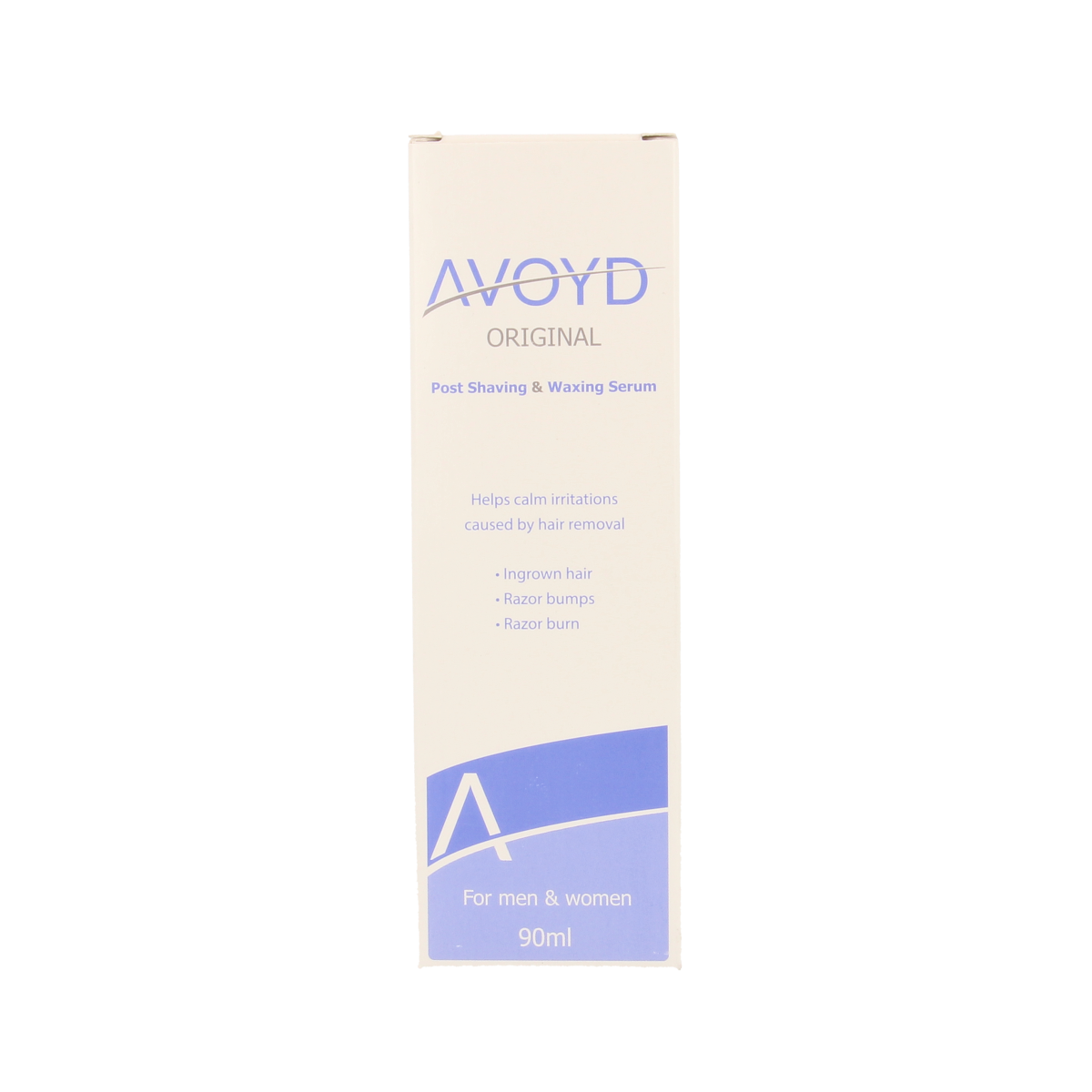 Avoyd Serum bottle for hair removal, 90ml, with a sleek design and label, used for skincare and hair removal routines.