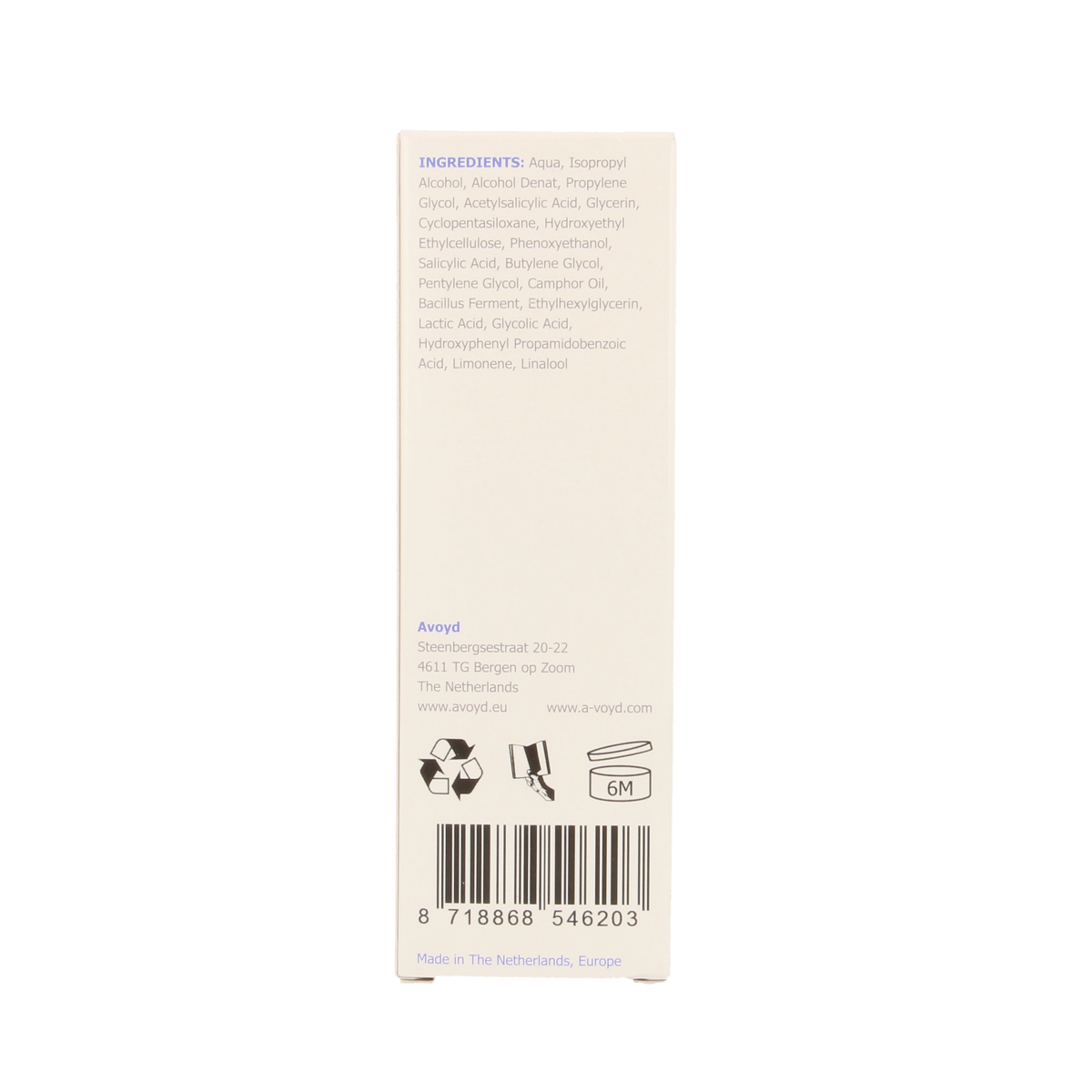 Avoyd serum bottle for hair removal, 90ml, in a clear plastic container with a white cap, displayed on a white background.