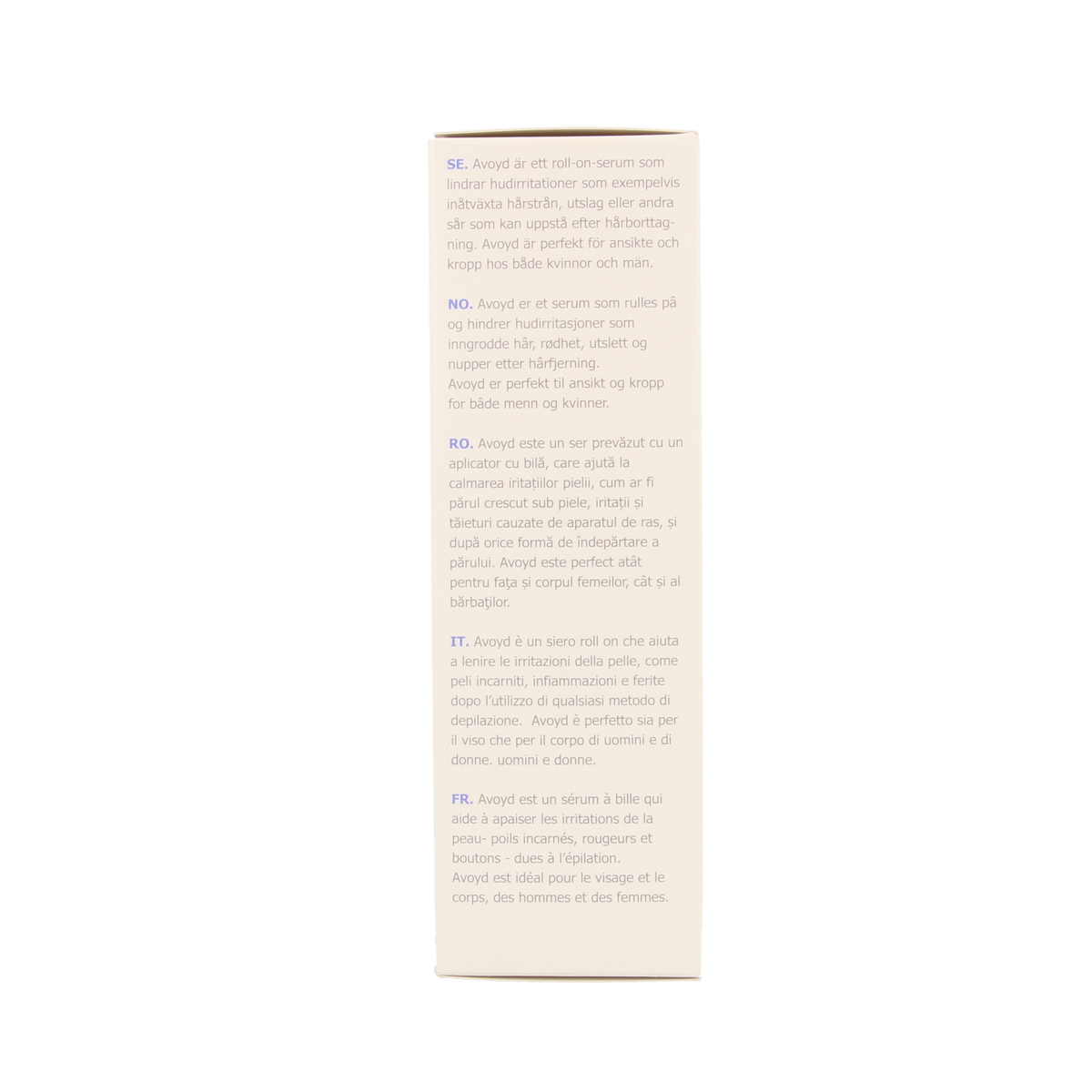 Avoyd serum bottle, 90ml, for hair removal and shaving, with a sleek design and clear label showing brand and product details.